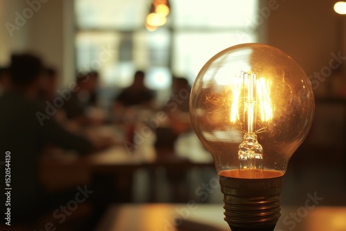 Glowing Vintage Edison Light Bulb in Blurred Cafe Setting