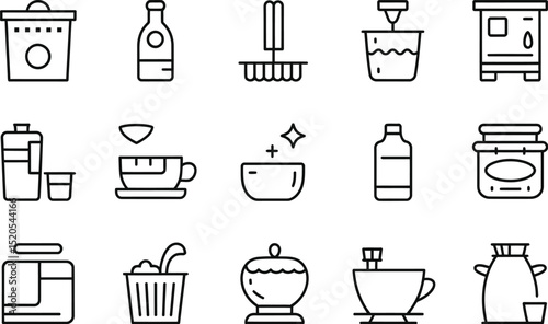 A collection of fifteen line art icons depicting various containers and vessels on a white background
