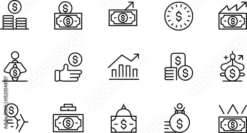 A collection of fifteen black line art icons depicting various concepts related to money and finance themes