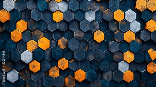 3D Rendering of Black, Blue, and Orange Hexagon Pattern – Futuristic Geometric Tech Background