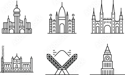 A collection of six minimalist line drawings of different buildings and architectural structures