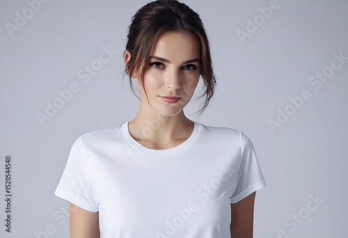 a woman wearing a white t shirt, standing against a plain background. she has her hair styled up and is looking directly at the camera with a slight smile