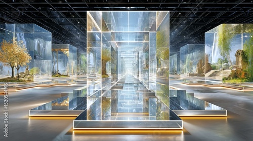 Abstract Digital Layer Structures Futuristic gallery with glass structures and gardens. Futuristic Data Interface Overlays Tech Mesh and Network Textures