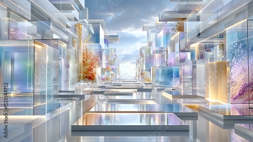 Abstract Digital Layer Structures Futuristic transparent structures in urban landscape. Futuristic Data Interface Overlays Tech Mesh and Network Textures