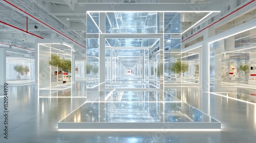 Abstract Digital Layer Structures Modern exhibition space with glass structures. Futuristic Data Interface Overlays Tech Mesh and Network Textures