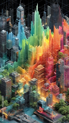 Abstract Digital Layer Structures Colorful city skyline representation with data. Futuristic Data Interface Overlays Tech Mesh and Network Textures