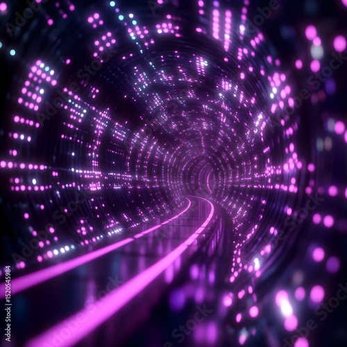 Futuristic Neon Light Tunnel – Abstract 3D Technology Background with Data Lines for Network, Big Data, and Internet Speed