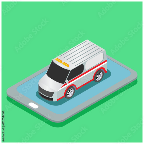 Ambulance health vehicles, isometric people health services. Health care for web banners, infographics, hero pictures. Illustration of a flat, isometric vector isolated on a green background. - Vector