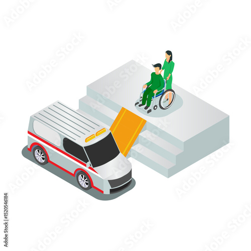 Emergency hospital entrance with ambulance and waiting room for isometric banner patients isolated vector illustration