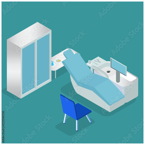 Isometric Modern Dentist Chair Isolated. Equipment in dental cabinet