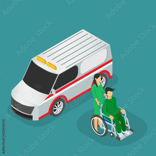 Flat 3d isometric style ambulance emergency medical evacuation accident concept web infographics vector illustration. Orderlies carry patient stretcher. Creative people website conceptual collection. 