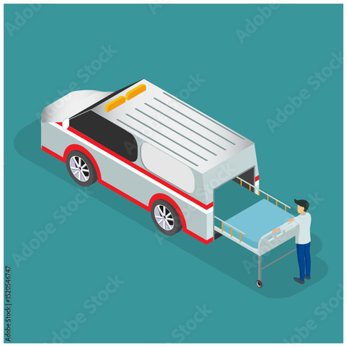 Flat 3d isometric style medical emergency ambulance concept crash web evacuation vector illustration. The order carries a patient stretcher