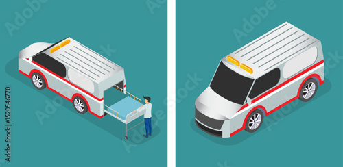 Flat 3d isometric style medical emergency ambulance concept crash web evacuation vector illustration. The order carries a patient stretcher