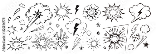 Comic boom cartoon effect line element set. Comic speech bubble pow, boom text, explosive splash smoke, wow cartoon vector icon. Hand drawn sketch doodle explosive element. Vector illustration. EPS