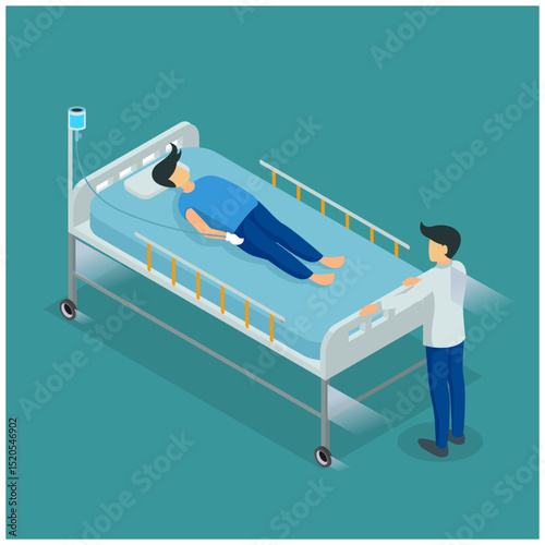 Adolescent isometric illustration assisted with isometric composition of living facilities with personnel providing care for occupant vecto