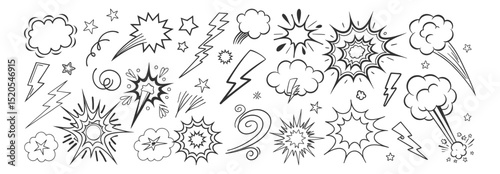 Comic boom cartoon effect line element set. Comic speech bubble pow, boom text, explosive splash smoke, wow cartoon vector icon. Hand drawn sketch doodle explosive element. Vector illustration. EPS