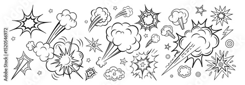 Comic boom cartoon effect line element set. Comic speech bubble pow, boom text, explosive splash smoke, wow cartoon vector icon. Hand drawn sketch doodle explosive element. Vector illustration. EPS