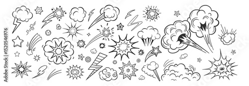 Comic boom cartoon effect line element set. Comic speech bubble pow, boom text, explosive splash smoke, wow cartoon vector icon. Hand drawn sketch doodle explosive element. Vector illustration. EPS