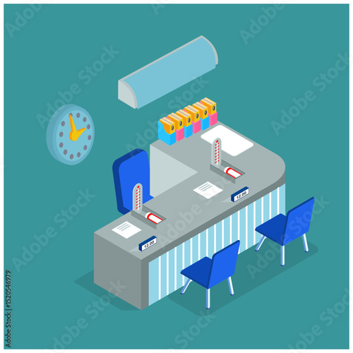 adolescents consult with doctors about health, isometric composition of living facilities that provide care for occupant vector illustrations