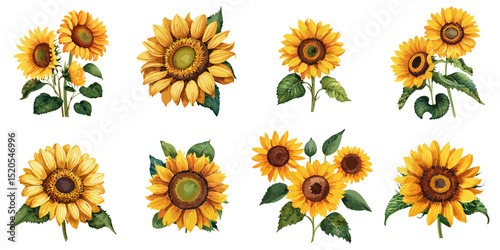 Multiple vector illustrations sunflower, watercolor style
