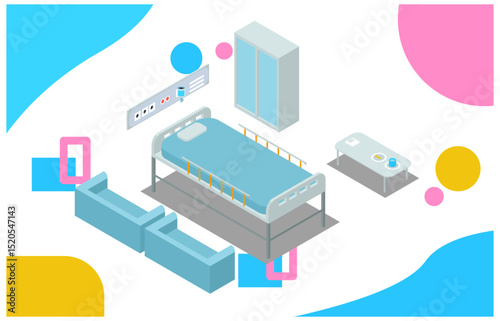 Set of isometric illustrations of patient care and activities in a hospital environment, suitable for related digital assets.