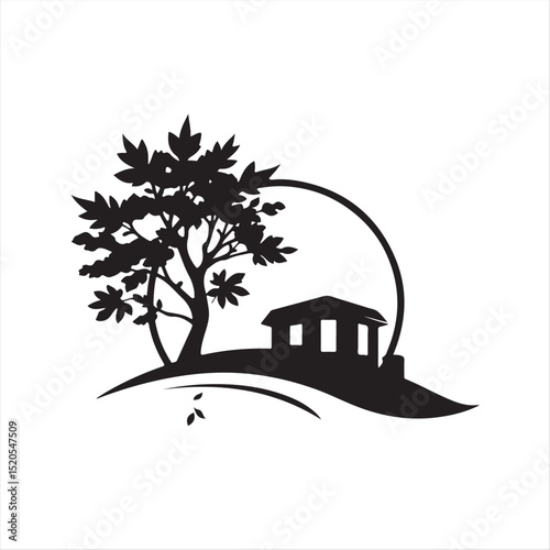 A timeless and elegant black and white vector logo silhouette depicting autumn on a white background.  The design utilizes geometric shapes and clean lines, emphasizing balance, symmetry, and visual