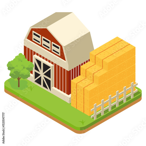 Isometric vector illustration of a farm in a village with beautiful rural scenery