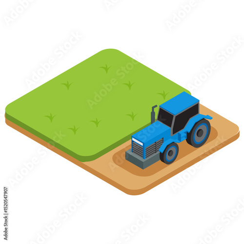 Isometric Tractor works in a field. Agriculture machinery. Plowing in the field. Heavy agricultural machinery for fieldwork. Vector illustration