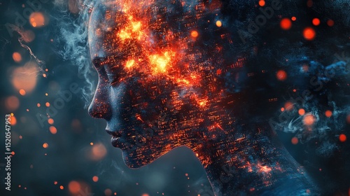 A mind split into glowing digital fragments, symbolizing stress-induced dissociation