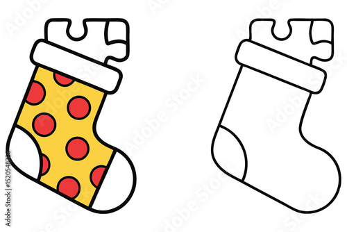 A yellow stocking with red polka dots is next to a white stocking outline
