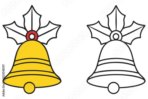 Color and outline versions show bell adorned with holly on a transparent background