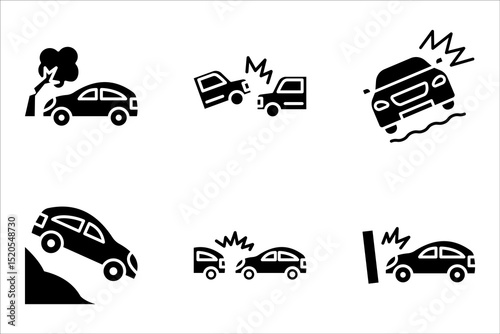 Vector line set of icons related with car accident, vector illustration on white background.