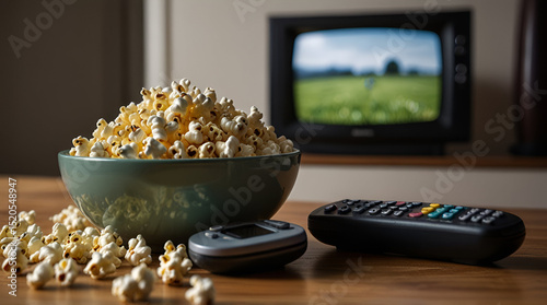 Close-up of a bowl of popcorn and a knitted jumper on a table next to two TV remote controls,generative.ai	
