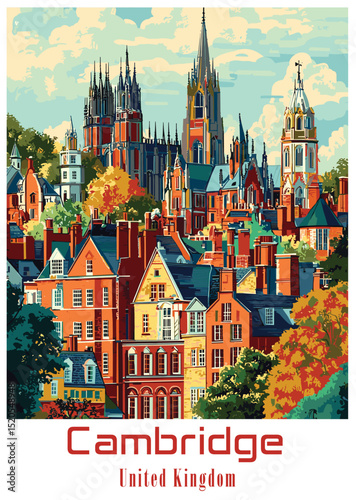Cambridge UK Vector Illustration with Historical Architecture.