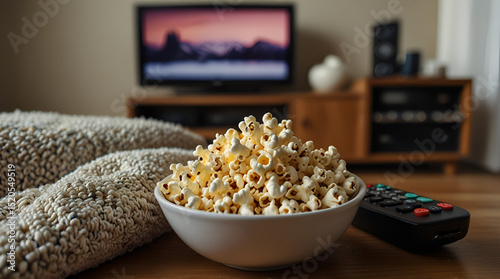 Close-up of a bowl of popcorn and a knitted jumper on a table next to two TV remote controls,generative.ai	
