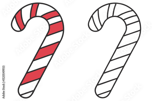 Two candy canes, one colored with red stripes, one black outline on transparent background
