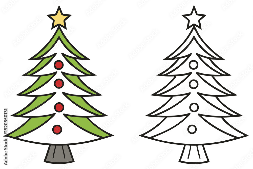 Obraz premium Two Christmas trees, one green and decorated, another in outline format, display transparent background