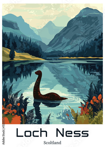 Loch Ness Monster Vector Illustration. Scotland Landscape.