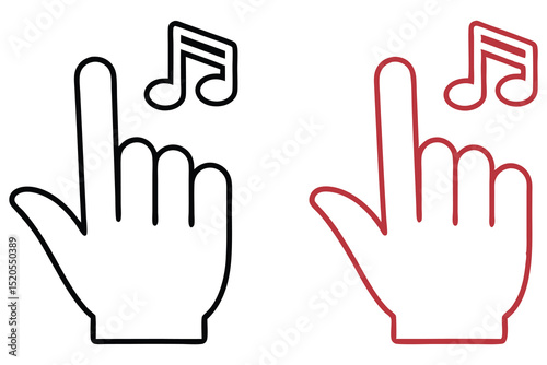 Two hands with a music note show select playlist in black and red outlines with transparent background
