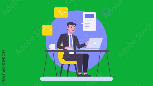 Animated businessman working on laptop at desk with coffee, surrounded by icons representing data, progress, and documents. Business and technology concept.