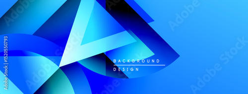 Abstract blue shapes overlap, creating dynamic visual effect. Gradient shades enhance depth, modern design aesthetic.