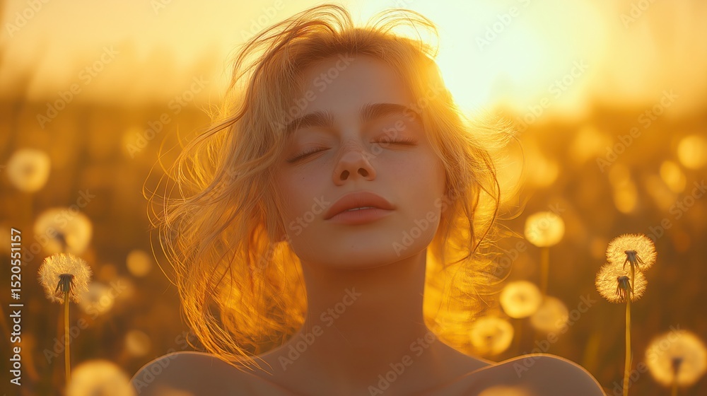 Fototapeta premium Woman blowing dandelion seeds in a sunny meadow, peaceful nature moment