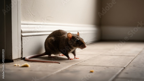 Brown rat on indoor tiled floor near baseboard, alert and foraging. Ideal for pest control, rodent identification, and home infestation awareness