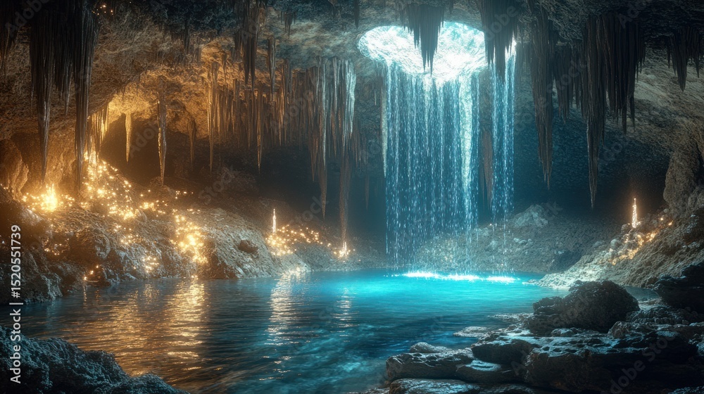 Fototapeta premium Enchanted Cave Waterfall: A subterranean paradise, where crystalline water cascades into a luminous pool. Mystical glow illuminates stalactites, creating an ethereal ambiance.