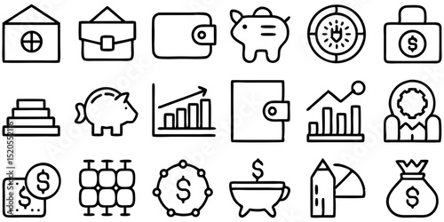 Finance Line Icon Set – Vector Pictograms of Money and Banking on white Background

