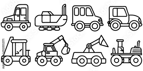 Construction Vehicle Line Icon Set – Vector Pictograms with Transparent Background

