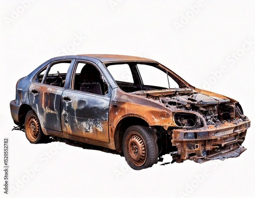  burned-out car, transparent background, isolated image, generative AI