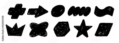 Black hand drawn crayon shape set. Charcoal geometric doodle collection. Black pastel pencil texture form pack for sticker, patch, badge. Childish sketch cross, crown, star, arrow elements. Vector