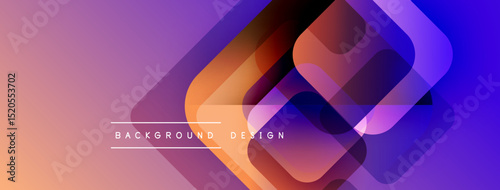 Abstract geometric shapes overlap, creating vibrant gradient effect. Purple, orange, blue hues dominate design. Text reads background design.