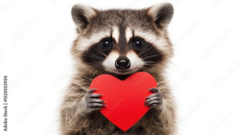 Fototapeta premium A close up portrait of a lovable raccoon clutching a vibrant red heart shaped symbol conveying a sense of affection and endearment